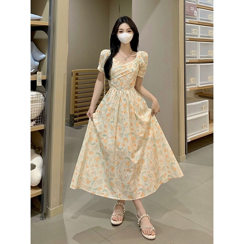 Large size V-neck puff sleeve French floral dress for women 2023 new summer fat mm skirt with high-end texture