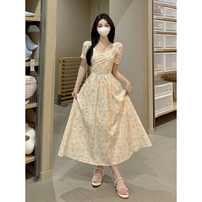 Large size V-neck puff sleeve French floral dress for women 2023 new summer fat mm skirt with high-end texture