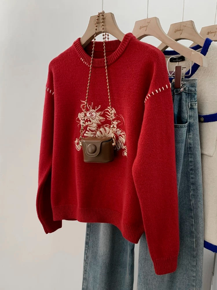 Year of the Dragon Red Sweater Women's Autumn and Winter Thickened 2024 New Hot Style Lazy Style Bottoming Sweater Top