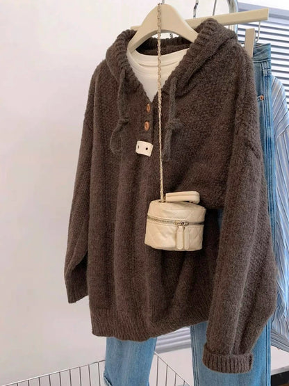 Brown pullover hooded sweater for women autumn and winter outer wear winter 2024 new hot style loose lazy style knitted top