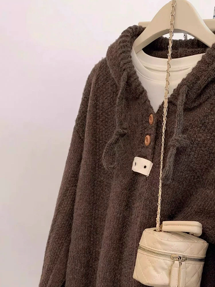 Brown pullover hooded sweater for women autumn and winter outer wear winter 2024 new hot style loose lazy style knitted top