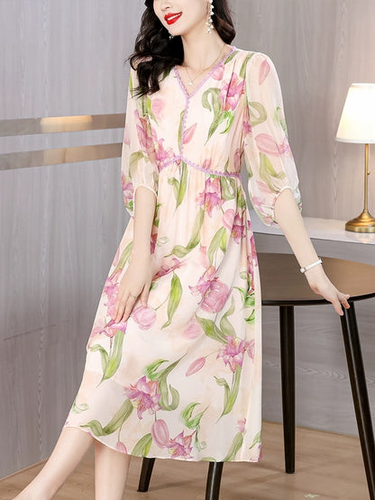 Silk Mulberry Silk Temperament Dress Women's Summer 2024 New Loose Korean Printed Large Size Women's Summer Long Dress