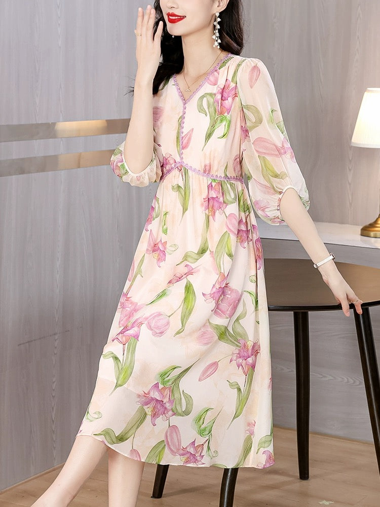 Silk Mulberry Silk Temperament Dress Women's Summer 2024 New Loose Korean Printed Large Size Women's Summer Long Dress