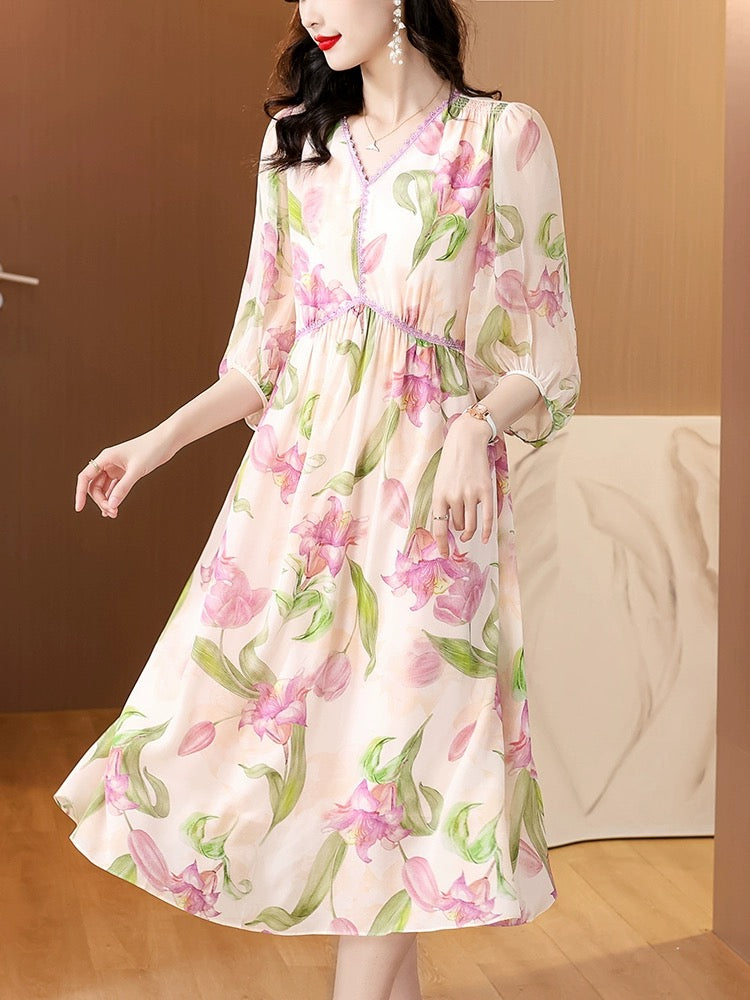 Silk Mulberry Silk Temperament Dress Women's Summer 2024 New Loose Korean Printed Large Size Women's Summer Long Dress