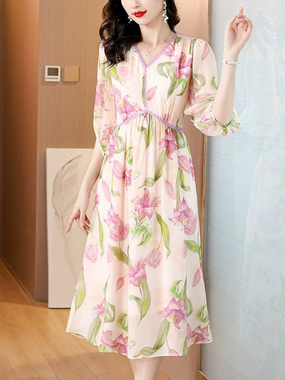 Silk Mulberry Silk Temperament Dress Women's Summer 2024 New Loose Korean Printed Large Size Women's Summer Long Dress