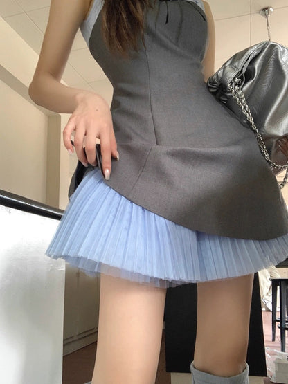 Earth Store Wang Xinling's same style blue and gray contrasting waist A-swing dress fake two-piece design fungus edge sleeveless skirt