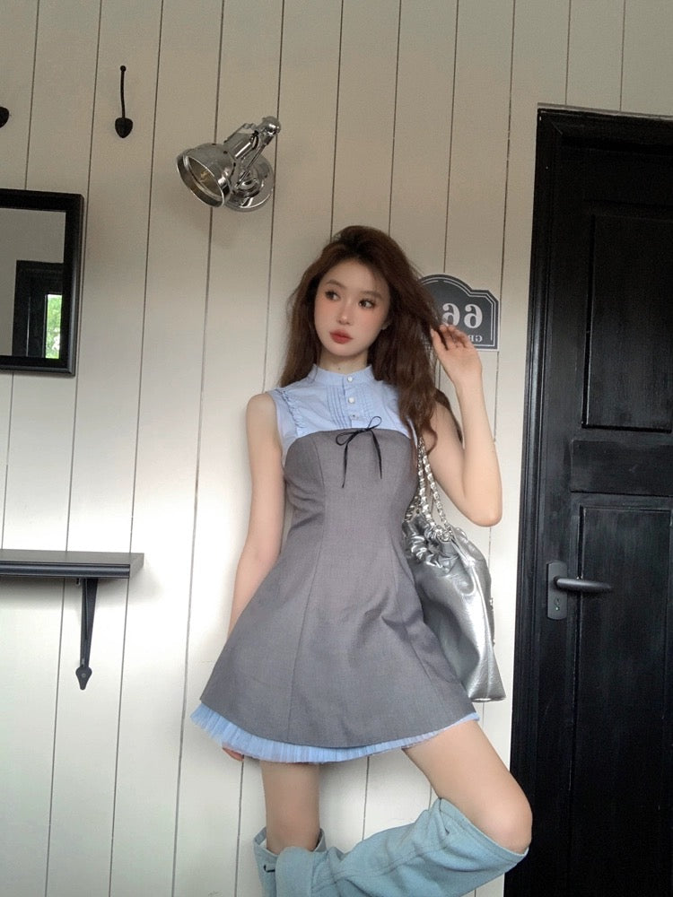 Earth Store Wang Xinling's same style blue and gray contrasting waist A-swing dress fake two-piece design fungus edge sleeveless skirt