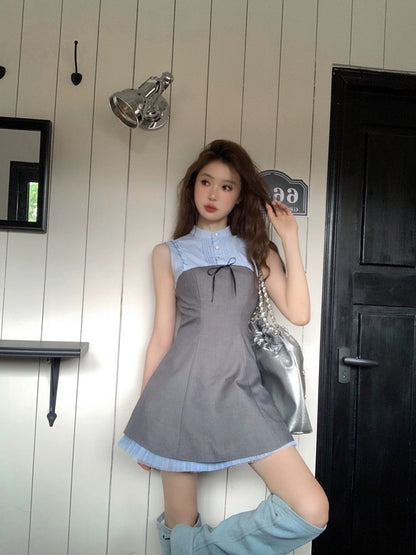 Earth Store Wang Xinling's same style blue and gray contrasting waist A-swing dress fake two-piece design fungus edge sleeveless skirt