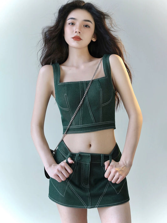 MikaXuUrban summer retro nostalgic green imitation denim camisole skirt pants fashionable contrast two-piece set for women