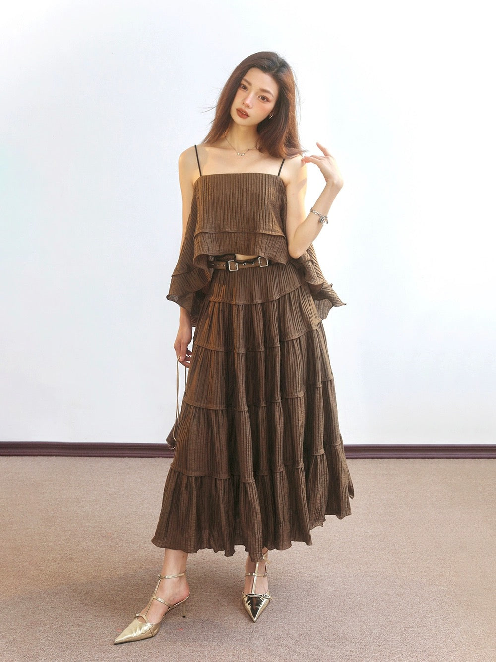 MikaXuUrban summer high-end big skirt Tencel cake skirt suit suspender skirt two-piece set for women