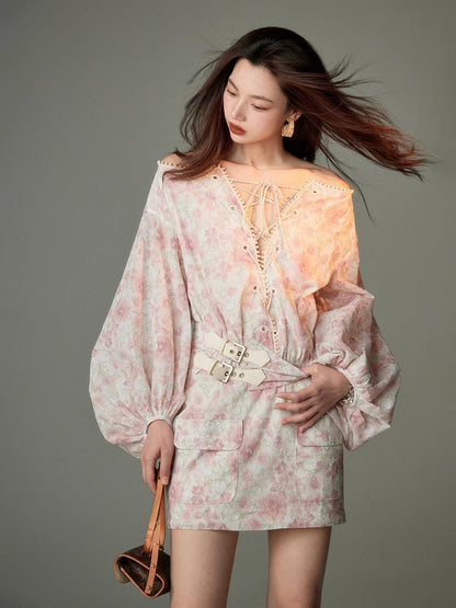 MikaXuUrban spring and summer new retro strapped high-end temperament floral one-shoulder lantern sleeve dress