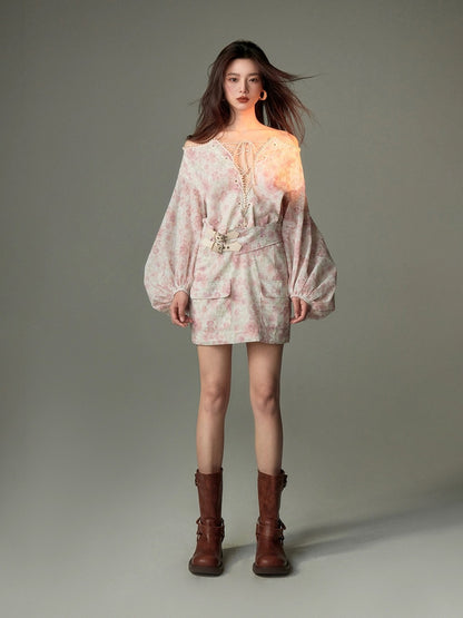 MikaXuUrban spring and summer new retro strapped high-end temperament floral one-shoulder lantern sleeve dress