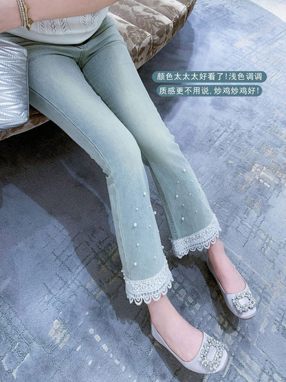 Fish Rabbit's Rabbit Washed Distressed Lace Splicing Jeans Women's 2024 New Casual Pants