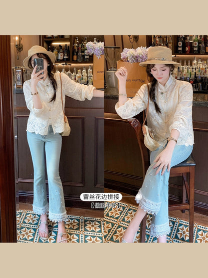 Fish Rabbit's Rabbit Washed Distressed Lace Splicing Jeans Women's 2024 New Casual Pants