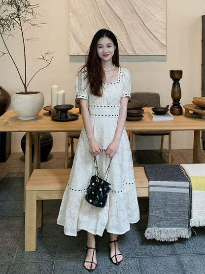 LAZYZ exclusive custom fabric French square neck embroidered dress women summer 2023 new Korean version fairy long dress