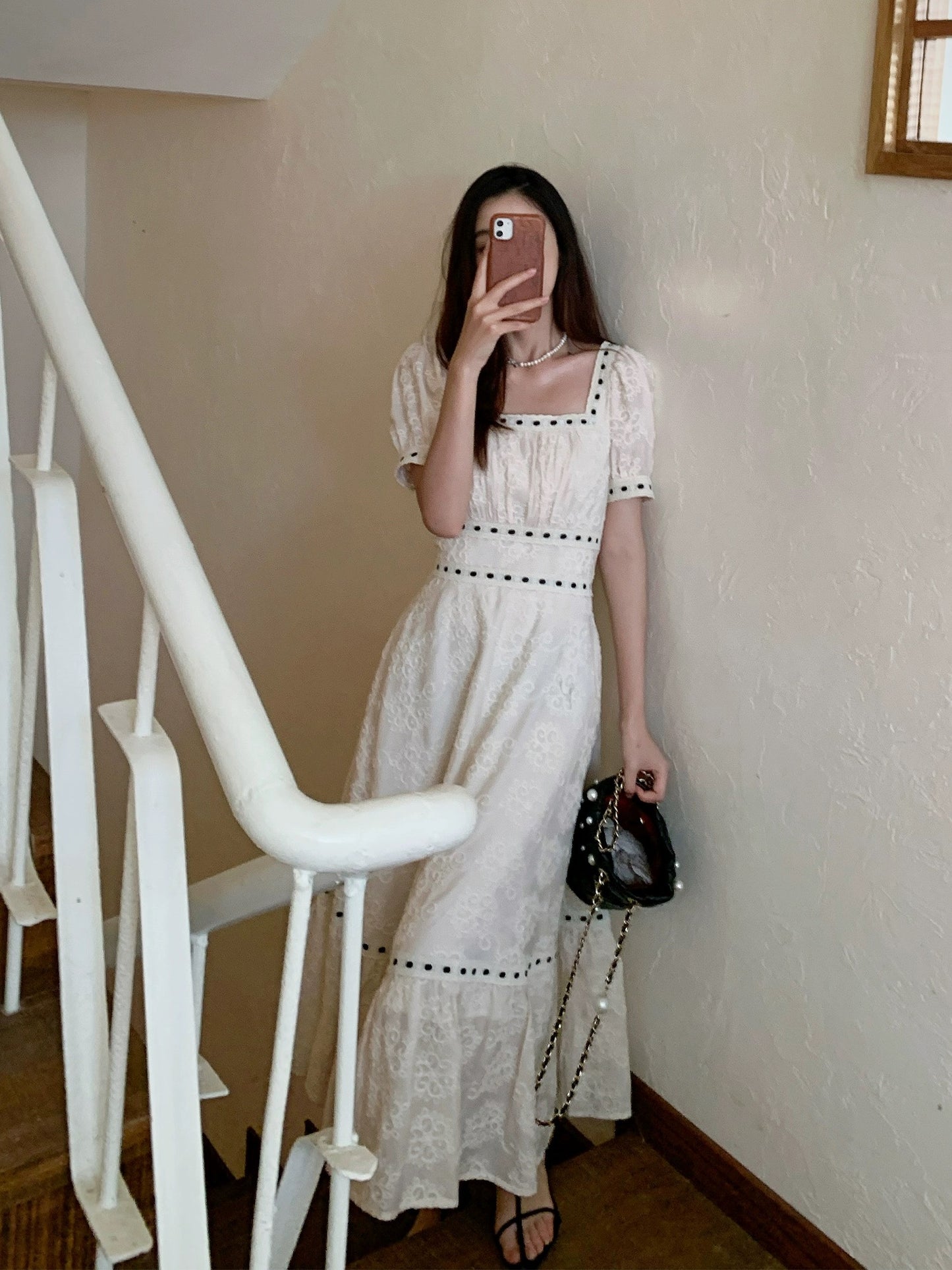 LAZYZ exclusive custom fabric French square neck embroidered dress women summer 2023 new Korean version fairy long dress