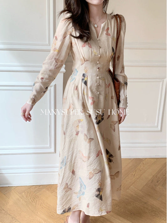 susu home2024 spring new [colorful butterfly] v-neck butterfly print high-waisted long-sleeved dress