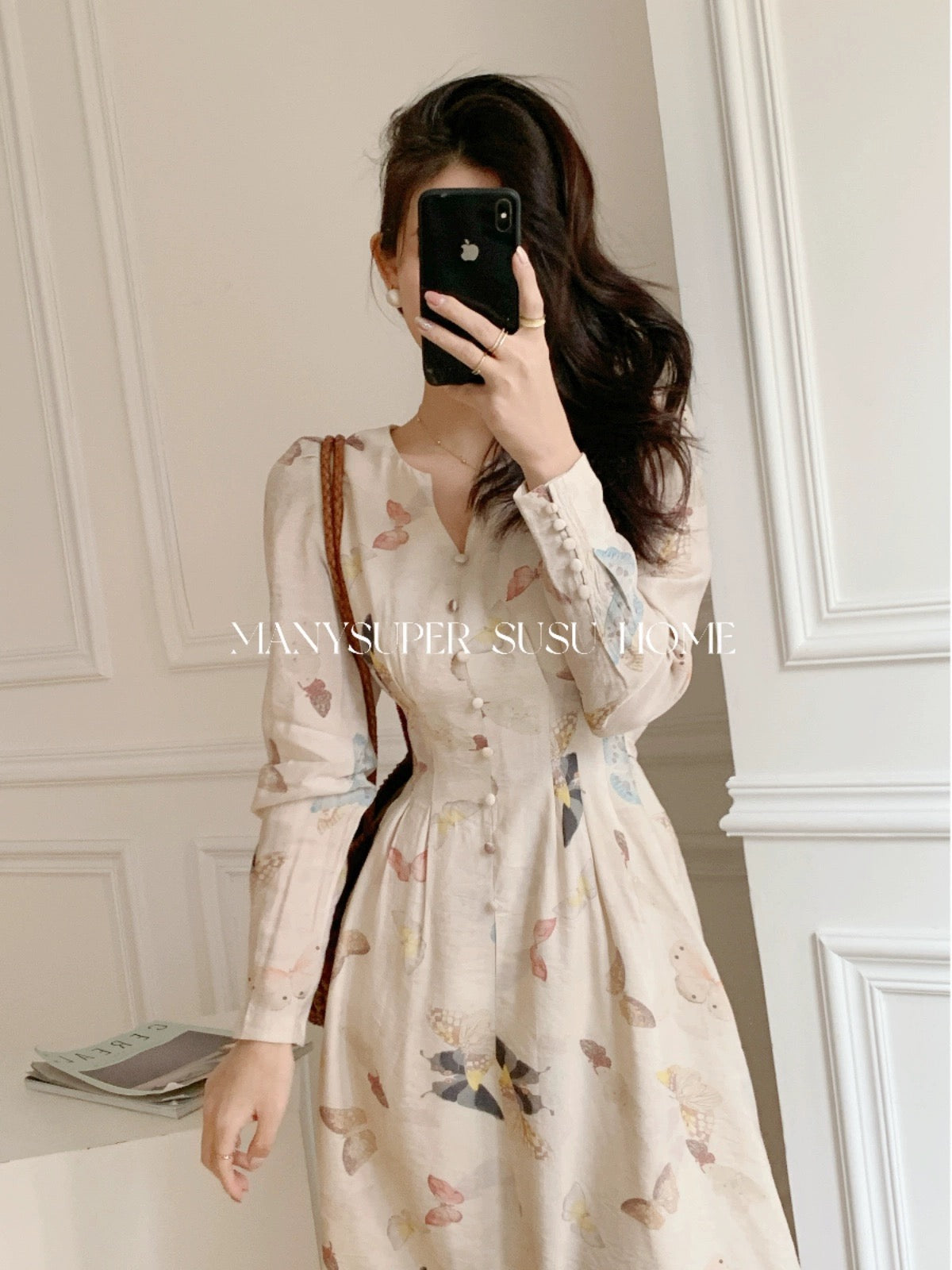 susu home2024 spring new [colorful butterfly] v-neck butterfly print high-waisted long-sleeved dress