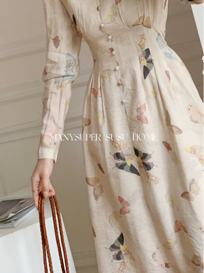 susu home2024 spring new [colorful butterfly] v-neck butterfly print high-waisted long-sleeved dress