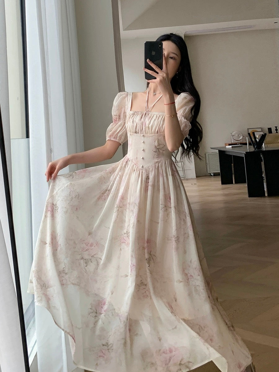 FT GUOGE Floral Dress Women's 2024 Summer New French Tea Break Gentle Wind Square Neck Chiffon Long Skirt