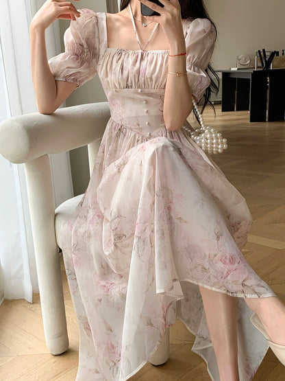 FT GUOGE Floral Dress Women's 2024 Summer New French Tea Break Gentle Wind Square Neck Chiffon Long Skirt