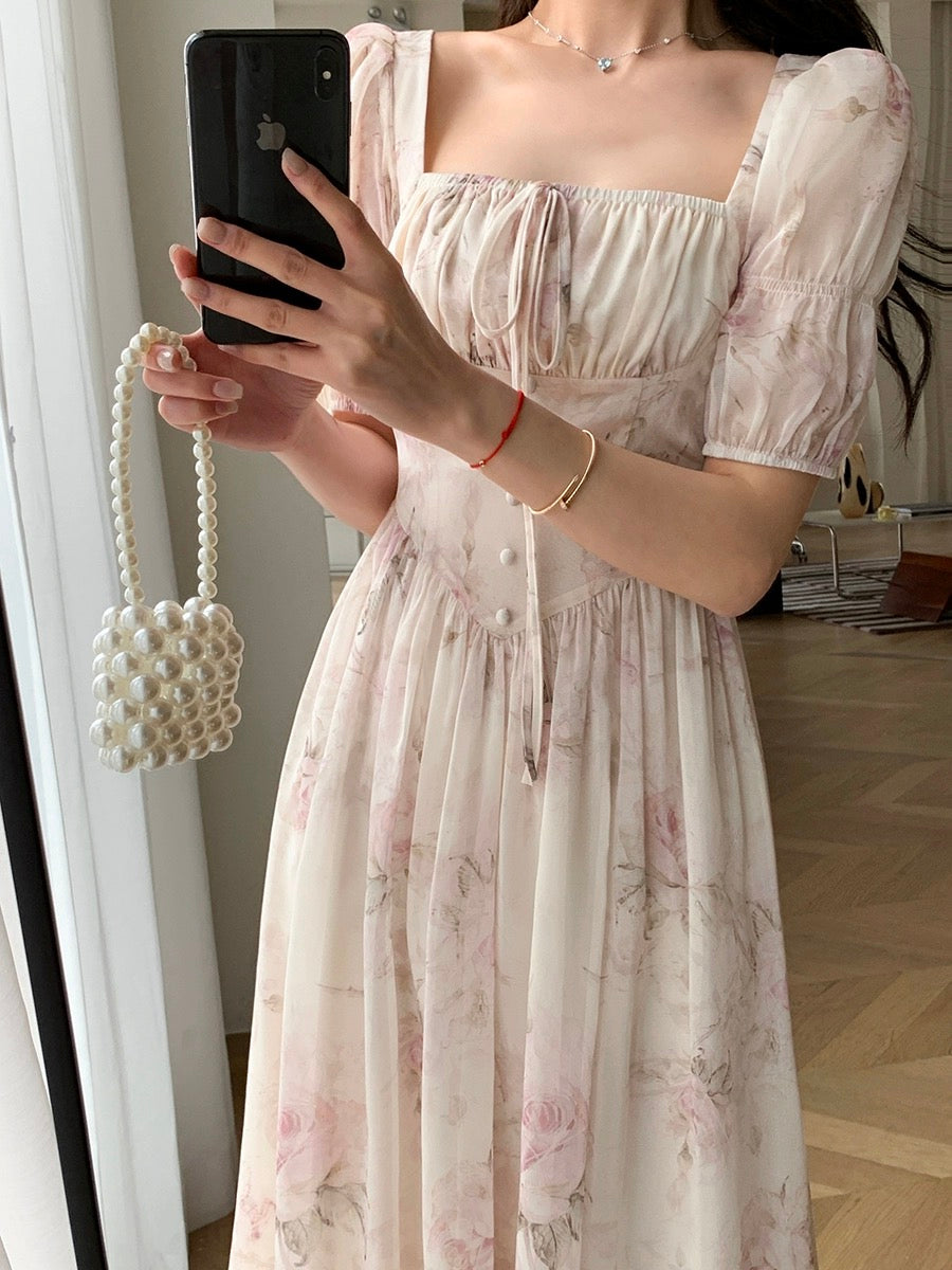 FT GUOGE Floral Dress Women's 2024 Summer New French Tea Break Gentle Wind Square Neck Chiffon Long Skirt