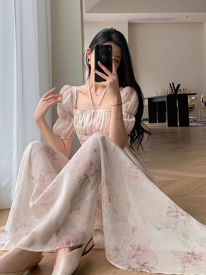 FT GUOGE Floral Dress Women's 2024 Summer New French Tea Break Gentle Wind Square Neck Chiffon Long Skirt