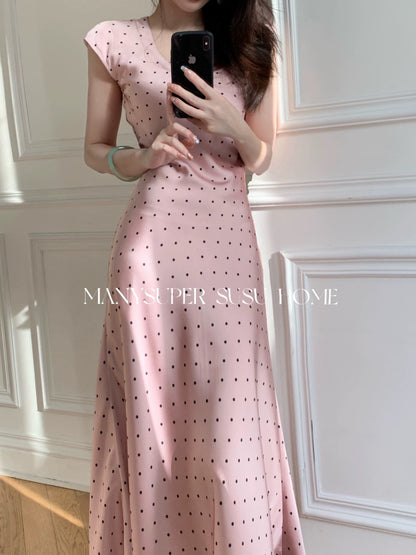 Susujia original 2024 spring and summer new French champagne pink polka dot satin bias cut short-sleeved slim dress