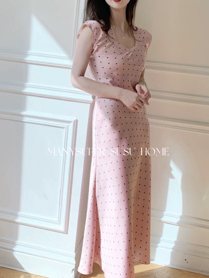 Susujia original 2024 spring and summer new French champagne pink polka dot satin bias cut short-sleeved slim dress