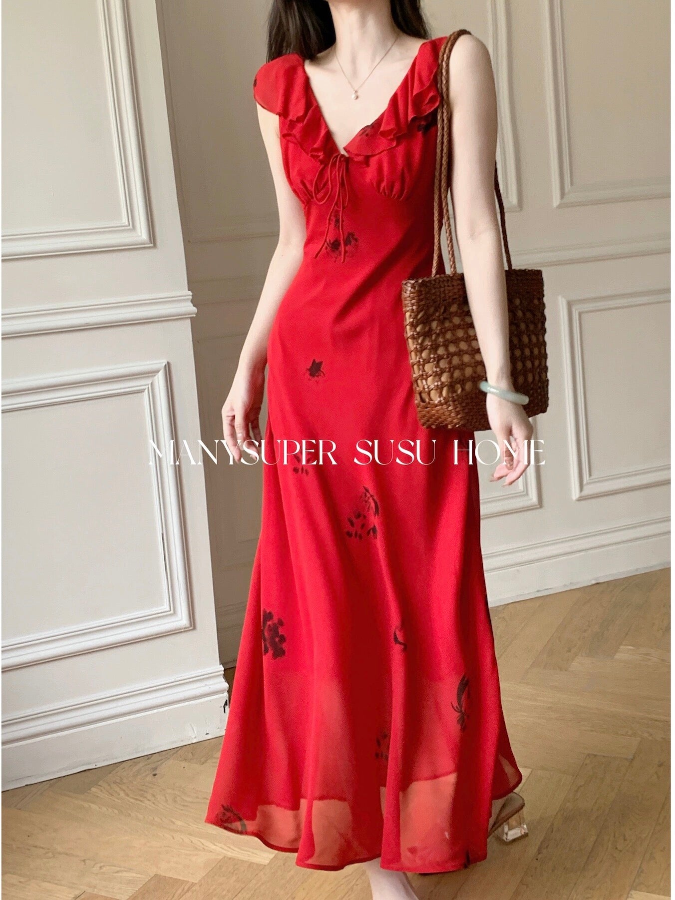 Susujia 2024 new summer style French elegant slim red printed fungus slim suspender dress