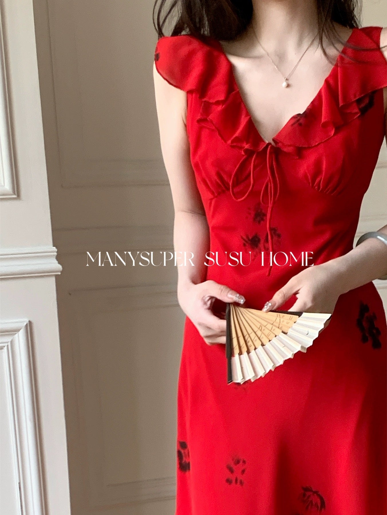 Susujia 2024 new summer style French elegant slim red printed fungus slim suspender dress