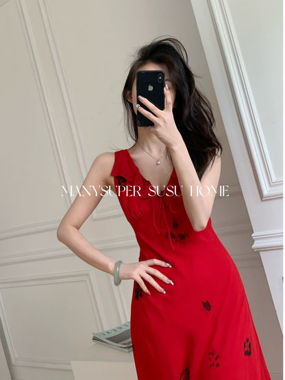 Susujia 2024 new summer style French elegant slim red printed fungus slim suspender dress