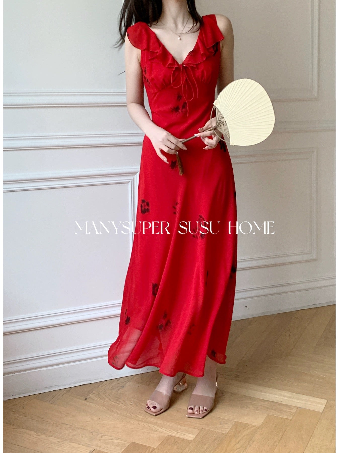 Susujia 2024 new summer style French elegant slim red printed fungus slim suspender dress