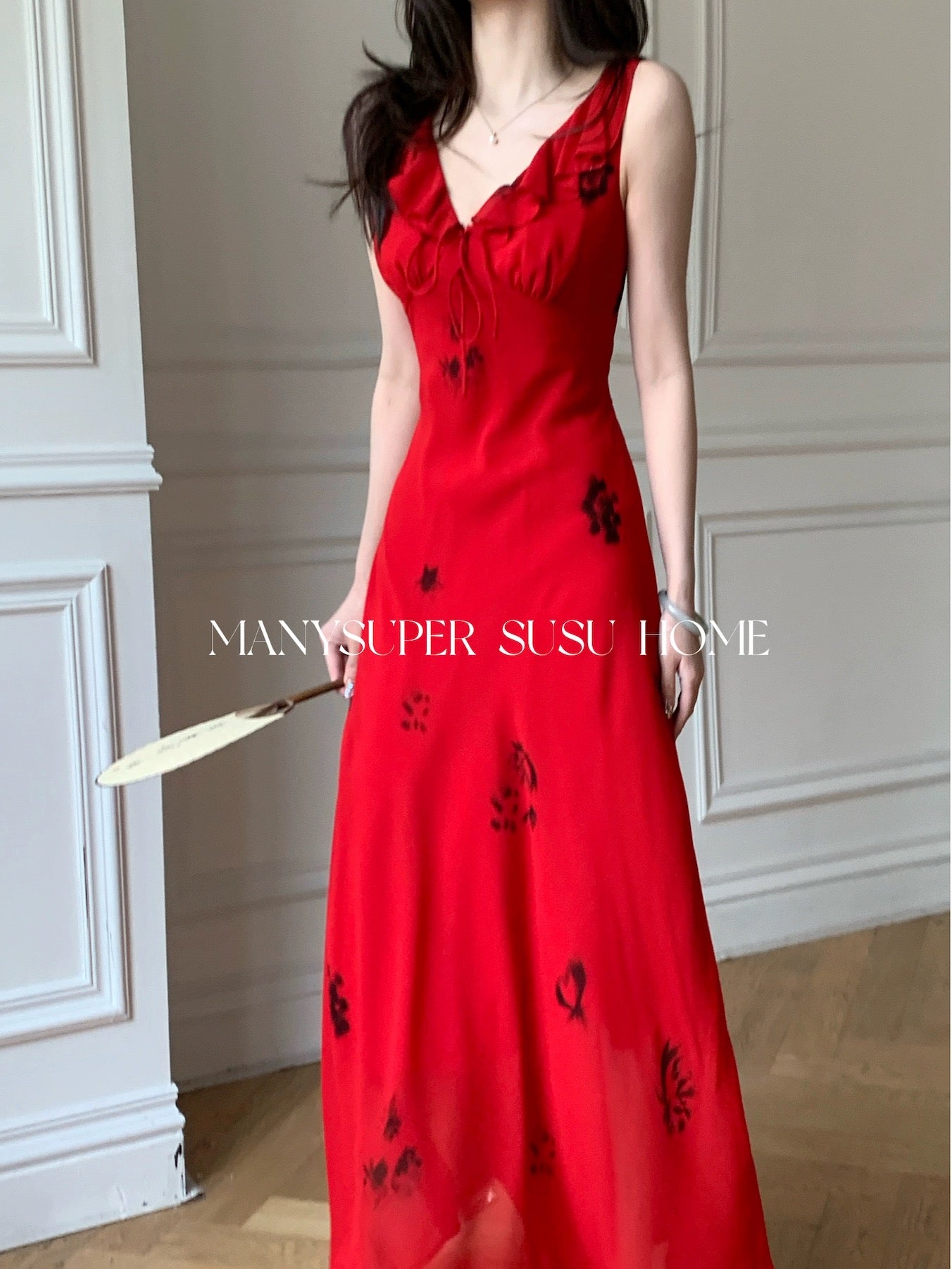 Susujia 2024 new summer style French elegant slim red printed fungus slim suspender dress