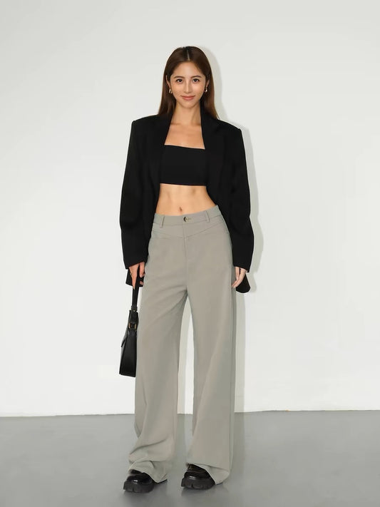 NEVA HU black high-waisted straight suit pants for women, drapey, high-end, versatile wide-leg pants, casual floor-length trousers