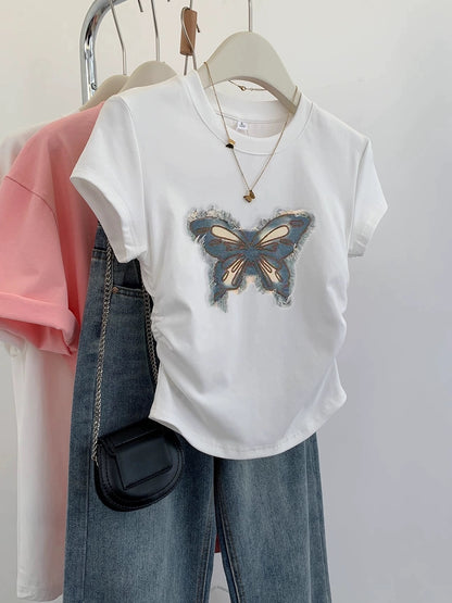 Tie dye butterfly right shoulder short sleeve t-shirt for women summer 2024 new design chic and unique short top ins