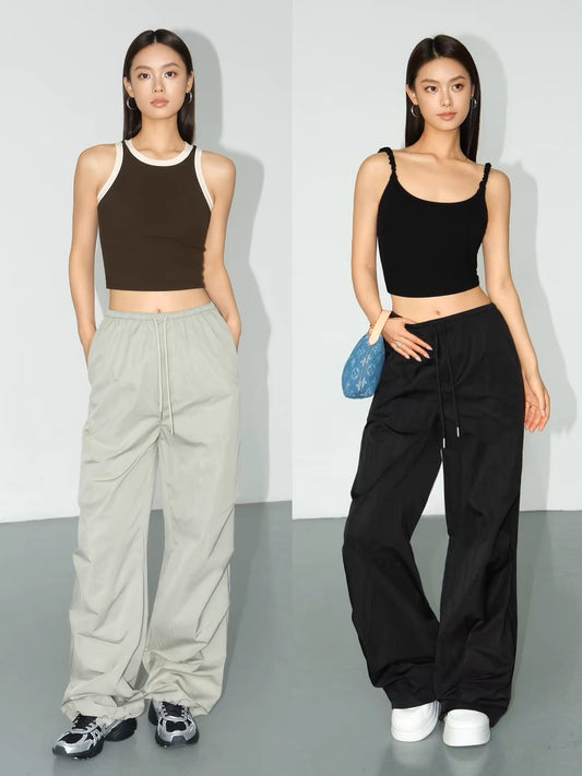 NEVA HU black high-waisted overalls for women summer new Korean style loose wide-leg pants casual floor-length trousers