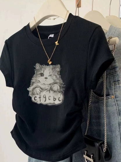 Sijiqing Guangzhou Thirteen Lines Women's High-End European Design Cat Print Short-Sleeved Right Shoulder T-Shirt Top Summer