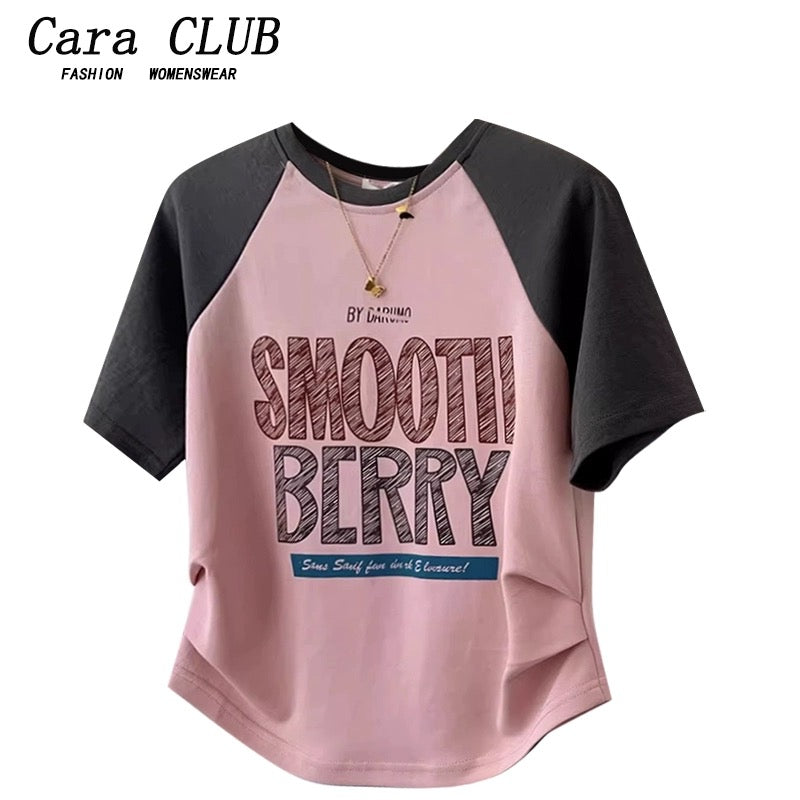 Cara CLUB large size fashionable spliced round neck short-sleeved right shoulder women's T-shirt summer design letter print top