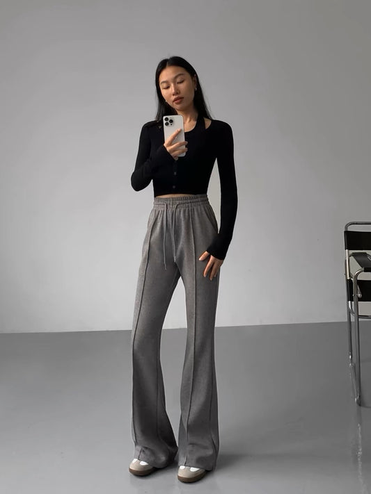 NEVA HU gray velvet micro-flare pants casual pants for women autumn and winter new high-waisted loose straight wide-leg trousers