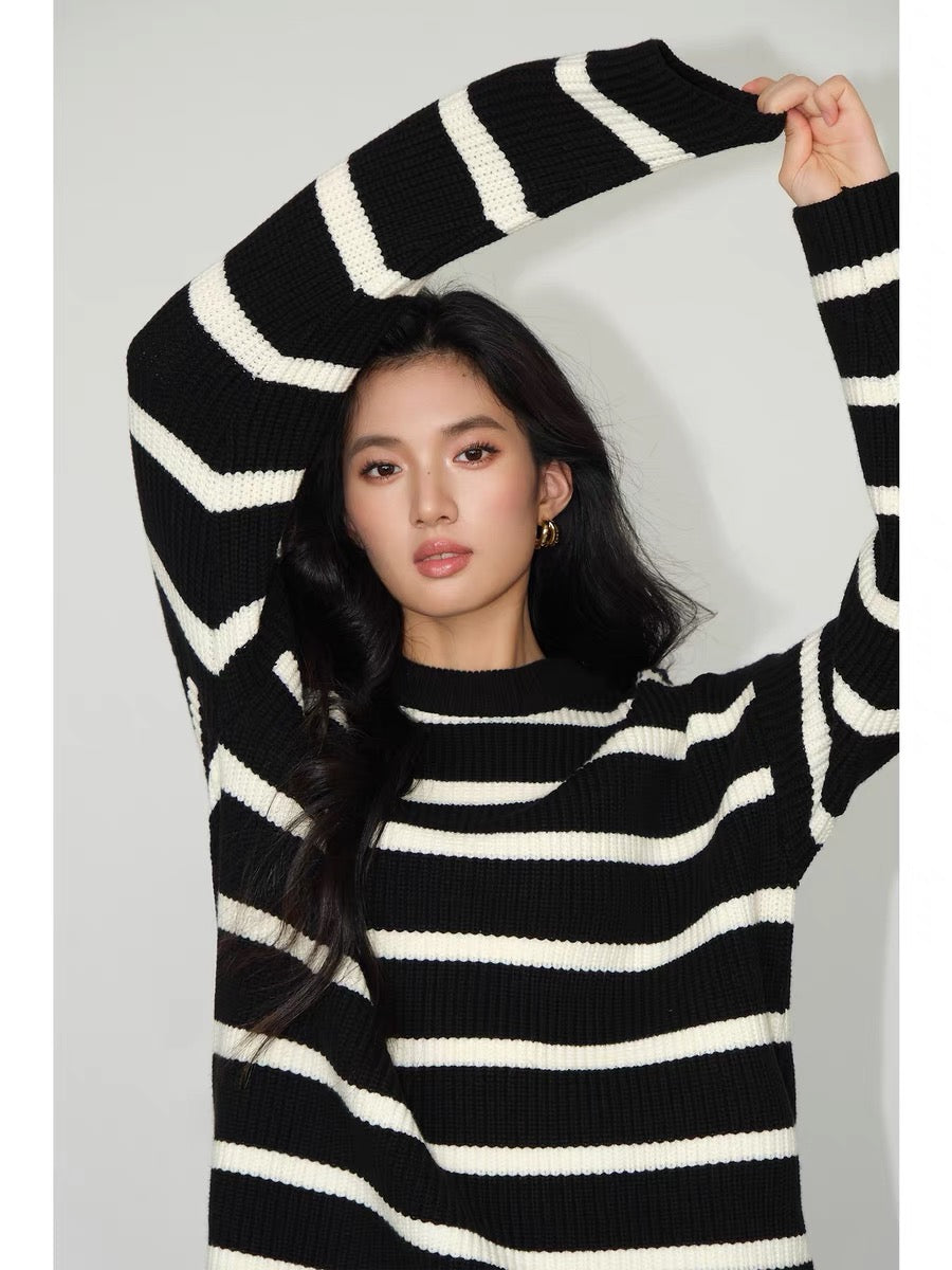 NEVA HU black and white striped sweater women's loose 2024 autumn new Korean style lazy style casual knitted top