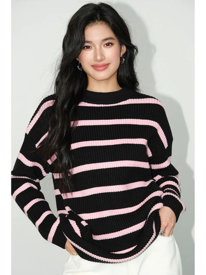 NEVA HU black and white striped sweater women's loose 2024 autumn new Korean style lazy style casual knitted top