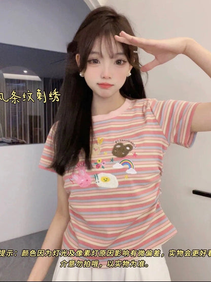 Cream Universe Embroidered Cartoon Stripes Color Blocked Right Shoulder Short Sleeve T-Shirt Women's College Style Short Top Summer New Style