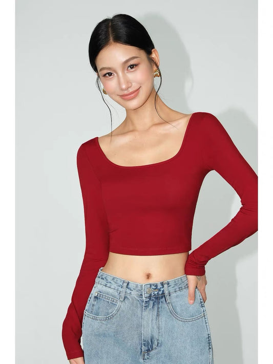 NEVA HU Square Neck Backless Padded Top Women's Autumn Slim Fit Bottoming Top Short Knitted Sweater