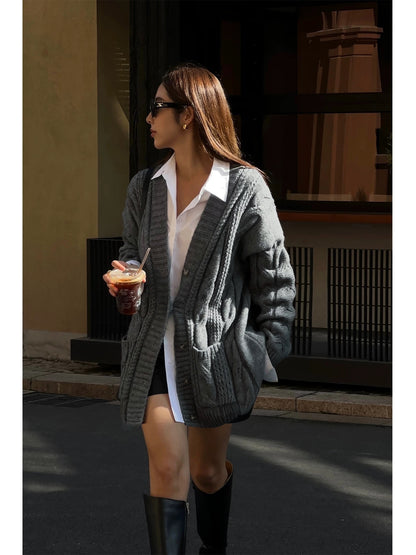 NEVA HU black twist sweater jacket for women mid-length 2024 autumn and winter loose lazy style sweater cardigan