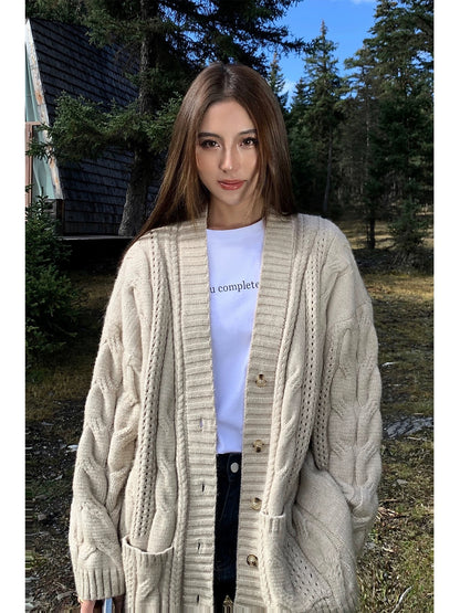 NEVA HU black twist sweater jacket for women mid-length 2024 autumn and winter loose lazy style sweater cardigan