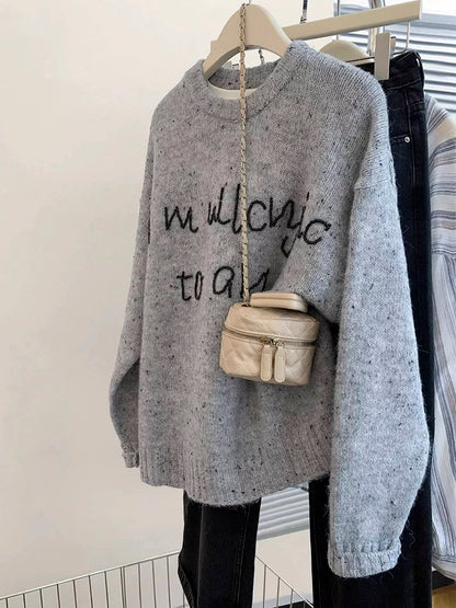 Gray round neck pullover sweater for women in autumn and winter thickened outer wear and inner wear 2024 new loose lazy style top