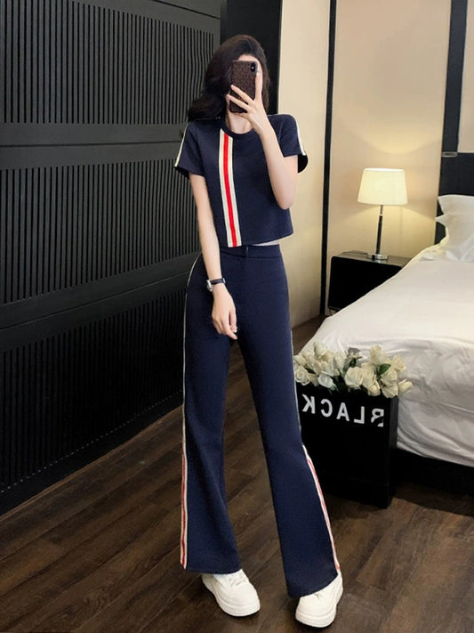 Internet celebrity street sports and leisure suit for women, summer fashion, age-reducing, slimming, short-sleeved, wide-leg pants, two-piece set, western style