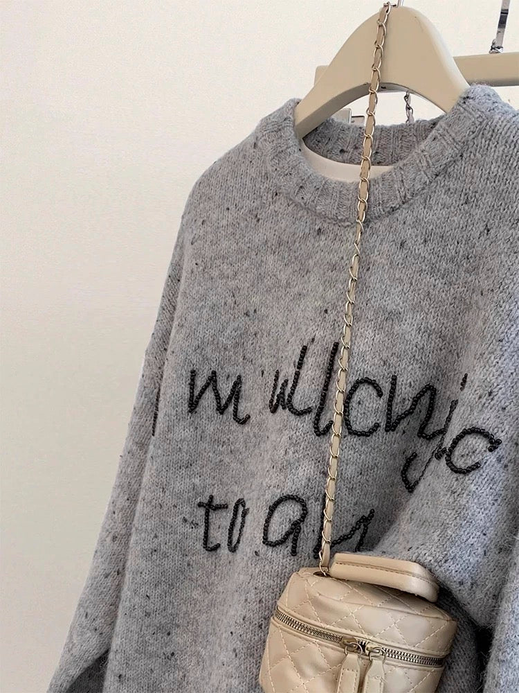 Gray round neck pullover sweater for women in autumn and winter thickened outer wear and inner wear 2024 new loose lazy style top