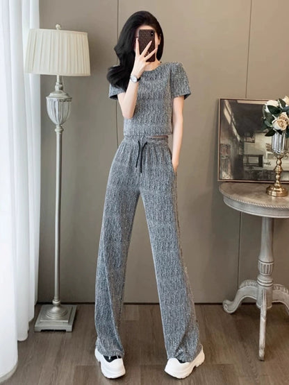 2024 Sports Suit Women's Summer European Hot Style Fashionable Slim Design Leaky Waist Top Wide Leg Pants Two-piece Set